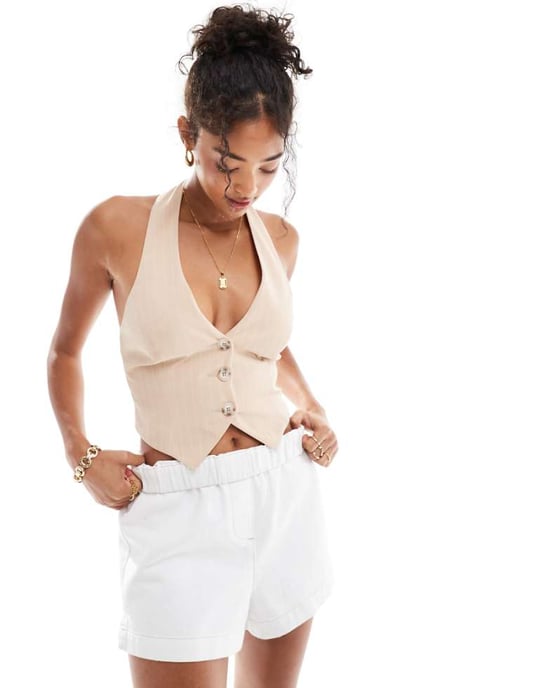 Miss Selfridge halterneck väst i beige randig mönster - Image 1