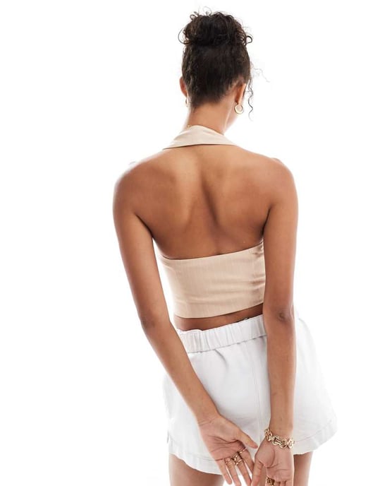 Miss Selfridge halterneck väst i beige randig mönster - Image 4