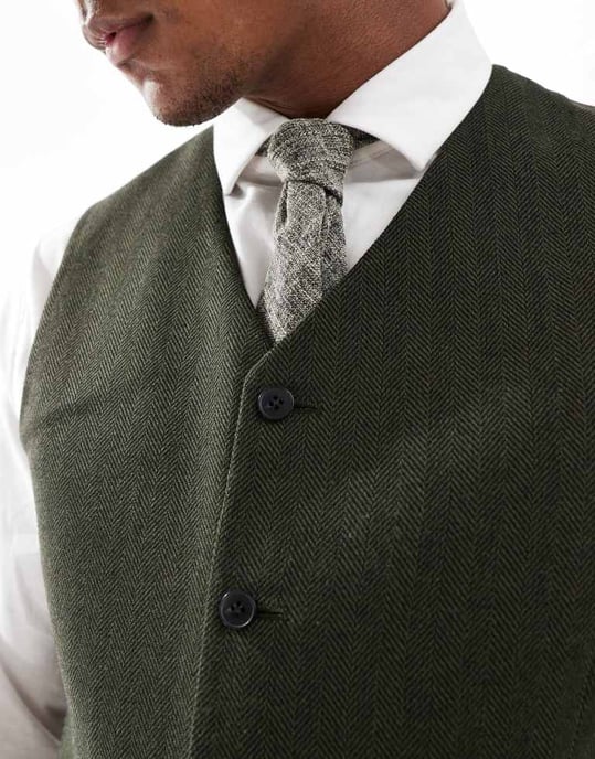 ASOS DESIGN smal kostymväst i ullblandning olivgrön herringbone - Image 3