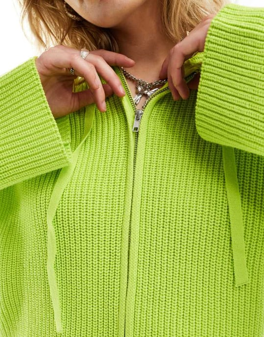 Monki stickad ribbhoodie med dragkedja i limegrön - Image 3