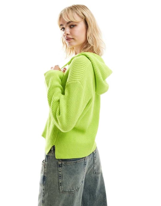 Monki stickad ribbhoodie med dragkedja i limegrön - Image 4