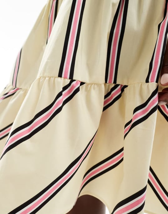 ASOS DESIGN kjol med volanger i knälängd i gult och rosa randig - Image 2