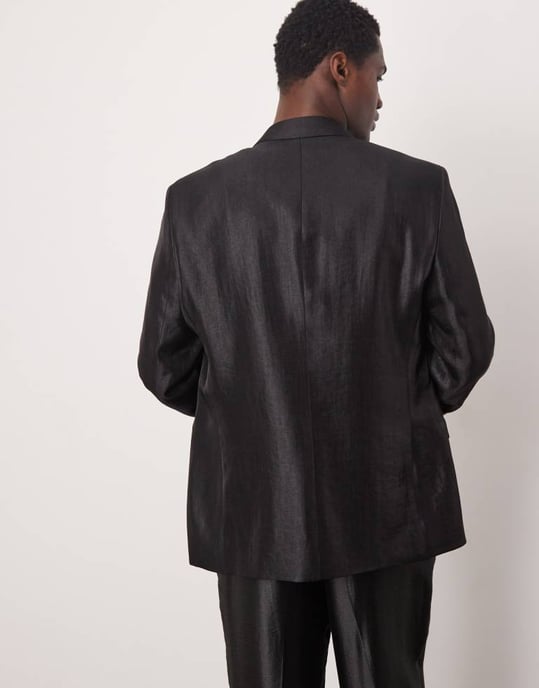 ASOS DESIGN vanlig dubbelknäppt kostymjacka i svart metallisk satin - Image 4