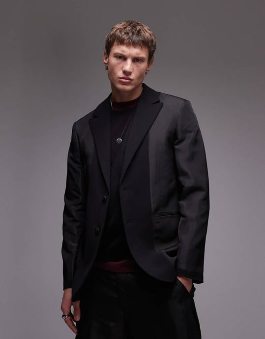 Topman avslappnad kavaj i blandade material i svart - Image 4