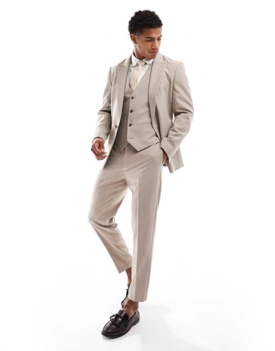 ASOS DESIGN ny smal kostymjacka i beige melange - Image 3