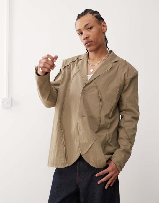 Återvunnen vintage fransad kavaj i beige - Image 3