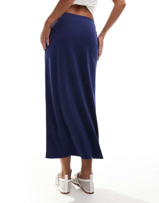 Monki supermjukt jersey midi kjol med elastisk vik i marinblå - Image 3