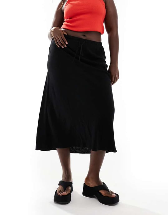 ASOS DESIGN Curve linne-look midiskjorta med knytmidja i svart - Image 3