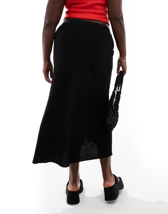 ASOS DESIGN Curve linne-look midiskjorta med knytmidja i svart - Image 4