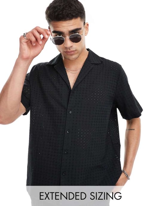ASOS DESIGN samordnad avslappnad krage broderad skjorta i svart - Image 1