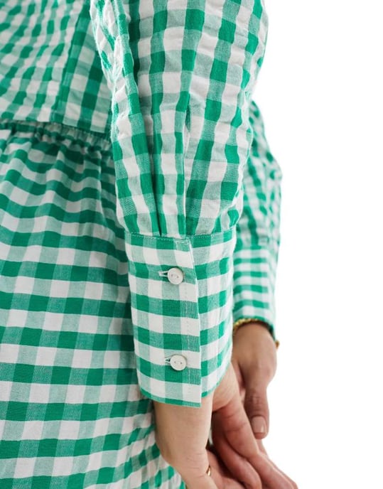 ASOS DESIGN linne-look kort skjorta co-ord i grön rutigt - Image 2