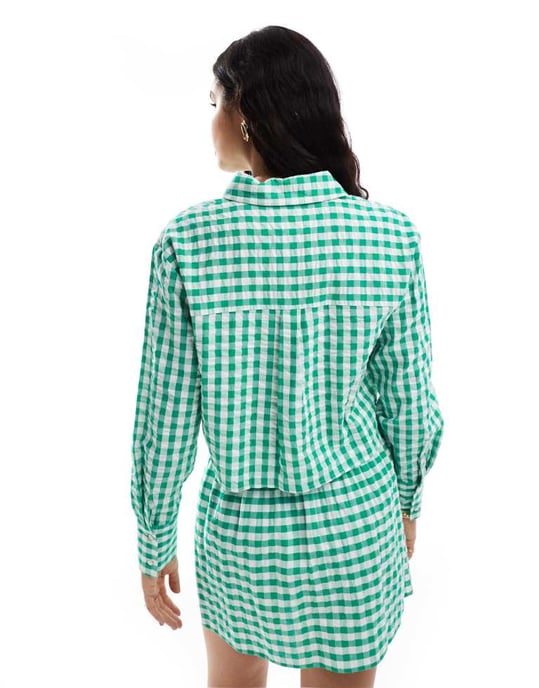 ASOS DESIGN linne-look kort skjorta co-ord i grön rutigt - Image 3