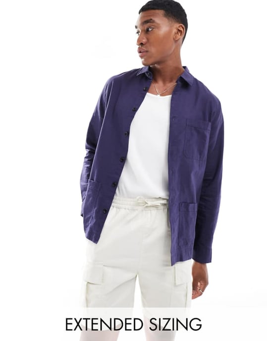 ASOS DESIGN linneblandning overshirt i marinblått - Image 1
