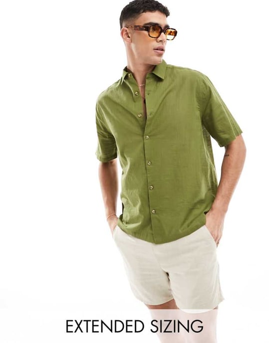 ASOS DESIGN kortärmad avslappnad linneliknande skjorta i khaki - Image 1