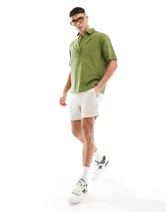 ASOS DESIGN kortärmad avslappnad linneliknande skjorta i khaki - Image 2