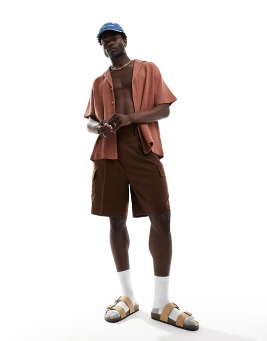 ASOS DESIGN avslappnad djup krage korgtextur skjorta i rostbrun - Image 3