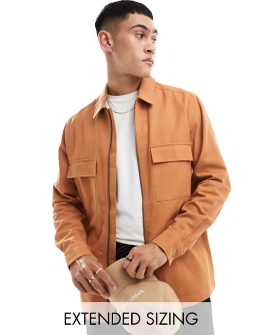 ASOS DESIGN twill zip-upp overskjorta i kopparbrun - TAN - Image 1