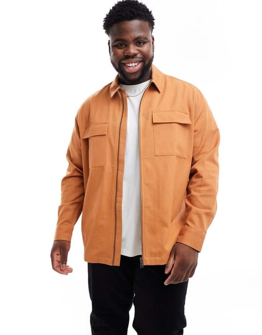 ASOS DESIGN twill zip-upp overskjorta i kopparbrun - TAN - Image 3