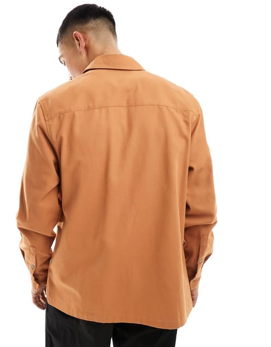 ASOS DESIGN twill zip-upp overskjorta i kopparbrun - TAN - Image 4