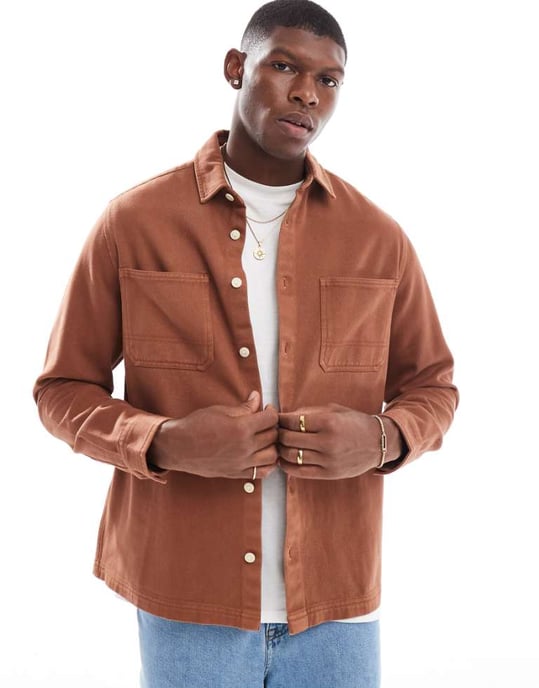 ASOS DESIGN denimskjorta med sömdetaljer i brun tvätt - Image 1