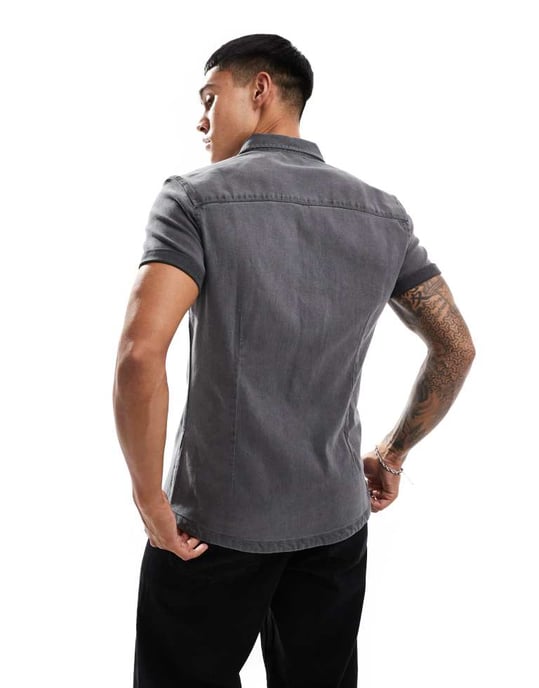 ASOS DESIGN slim fit stretch denimskjorta i tvättad svart - Image 4