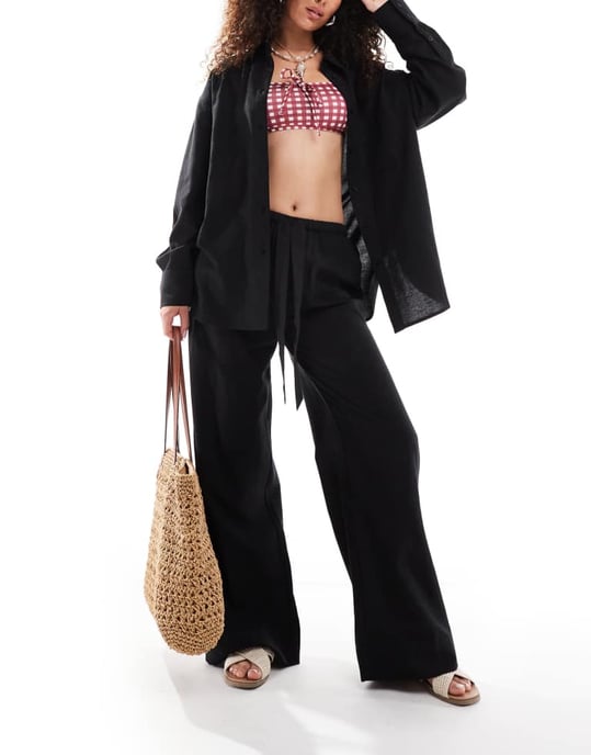 ASOS DESIGN Isabel mix & match linne-look oversized strandskjorta i svart - Image 2