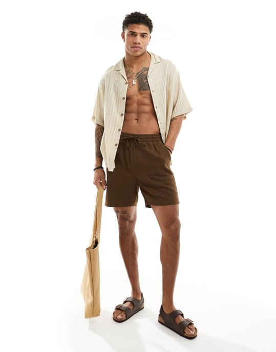 ASOS DESIGN kortärmad oversized skjorta med revere-krage i strukturerad linje i sten - Image 2