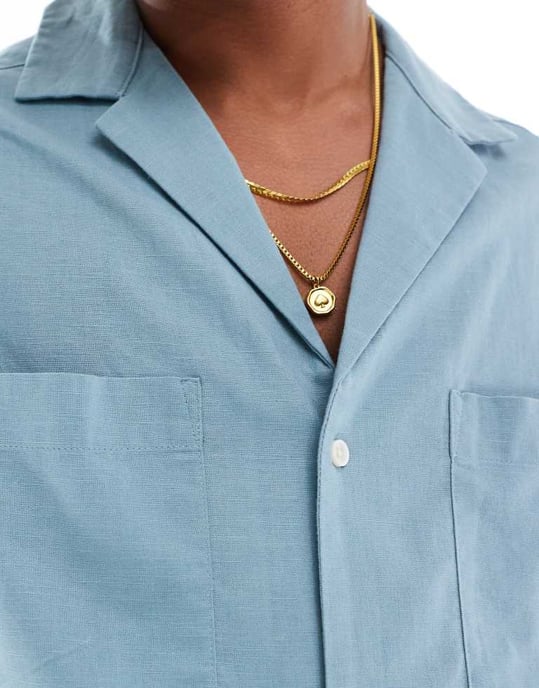 ASOS DESIGN 90-tals oversized linneblandning skjorta med djup reverkrage i tealblå - Image 2