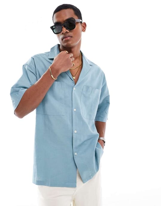 ASOS DESIGN 90-tals oversized linneblandning skjorta med djup reverkrage i tealblå - Image 3