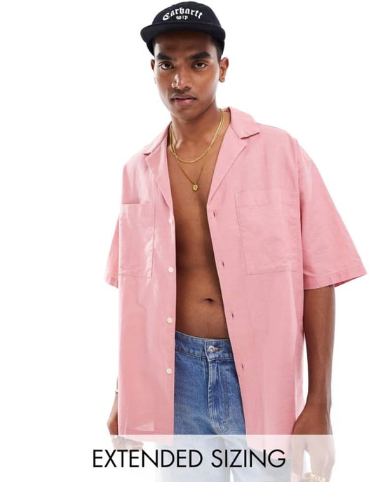 ASOS DESIGN 90-tals oversized skjorta i linneblandning med djup reverskrage i rosa - Image 1