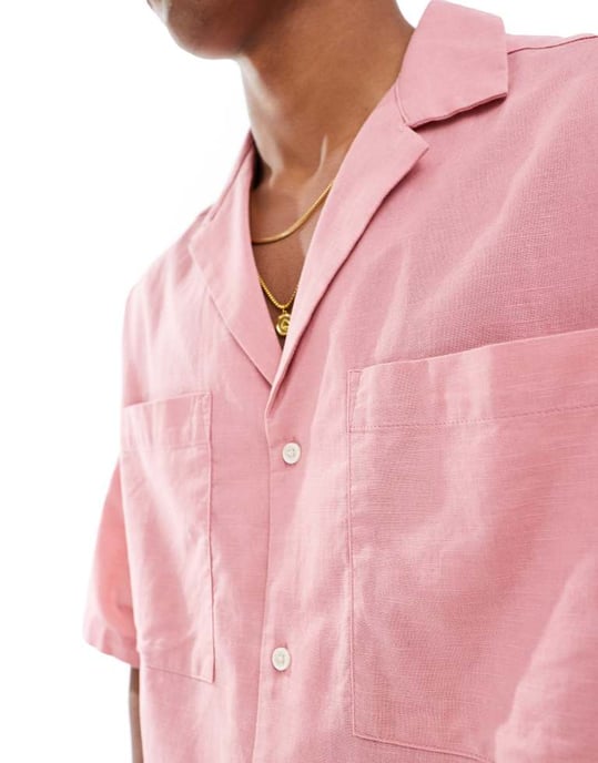 ASOS DESIGN 90-tals oversized skjorta i linneblandning med djup reverskrage i rosa - Image 2