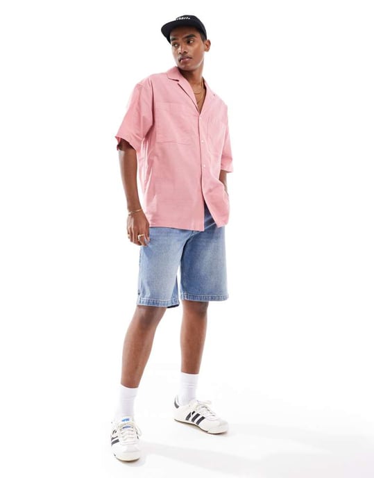 ASOS DESIGN 90-tals oversized skjorta i linneblandning med djup reverskrage i rosa - Image 3