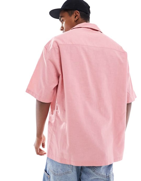 ASOS DESIGN 90-tals oversized skjorta i linneblandning med djup reverskrage i rosa - Image 4
