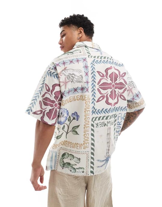 ASOS DESIGN oversized skjorta med uppvikt krage och tryck för semester - MULTIFÄRGAD - Image 2
