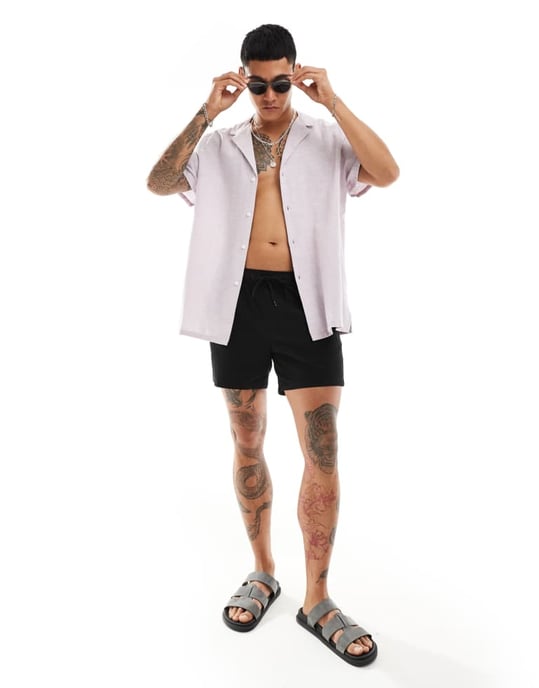 ASOS DESIGN avslappnad linneblandning skjorta med djup krage i lila - Image 2
