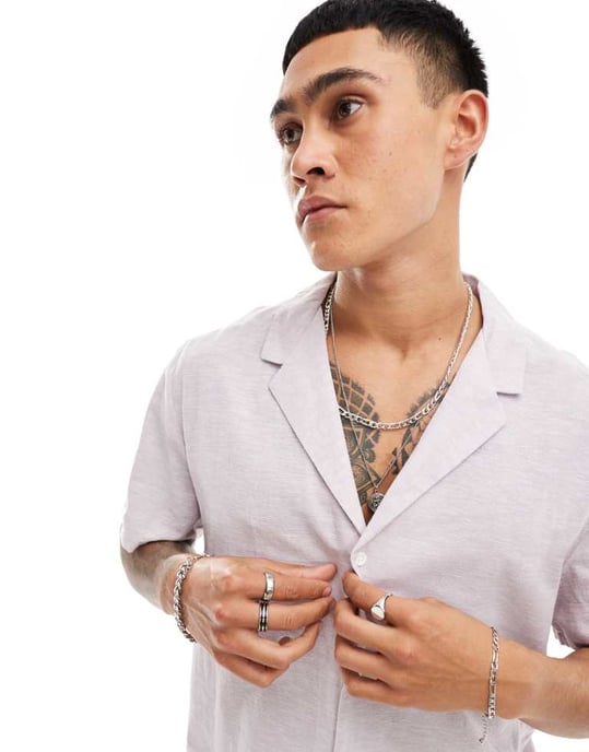 ASOS DESIGN avslappnad linneblandning skjorta med djup krage i lila - Image 3