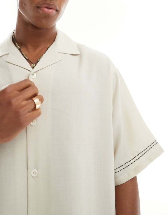 ASOS DESIGN oversized kavajskjorta med sömnadsdetaljer i ecru - Image 4