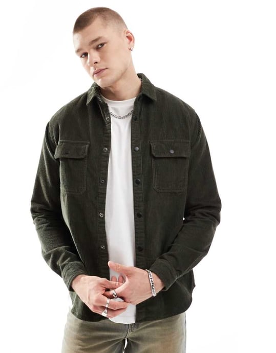 ASOS DESIGN kordoverskjorta med tryckknappar i grön - Image 1