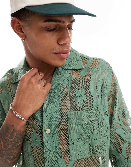 ASOS DESIGN kortärmad avslappnad blus med spets i salviagrön - Image 3