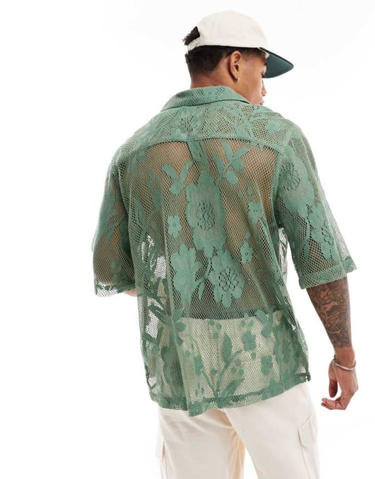 ASOS DESIGN kortärmad avslappnad blus med spets i salviagrön - Image 4