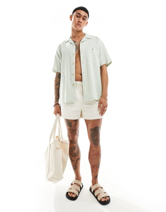 ASOS DESIGN avslappnad linneblandning skjorta med omvänd krage i ljusgrön - Image 2