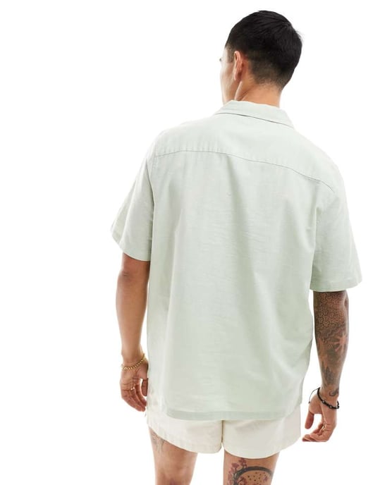ASOS DESIGN avslappnad linneblandning skjorta med omvänd krage i ljusgrön - Image 3