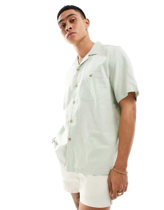 ASOS DESIGN avslappnad linneblandning skjorta med omvänd krage i ljusgrön - Image 4