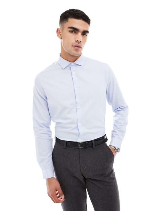 ASOS DESIGN vanlig skjorta med skuren krage i blått strukturerat tyg - Image 1