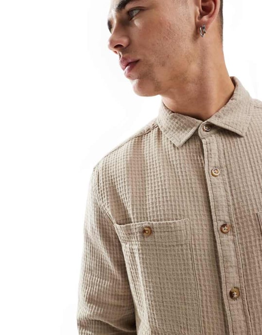 ASOS DESIGN overshirt i våffel i sten - Image 3