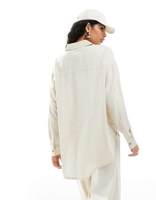 ASOS DESIGN avslappnad skjorta i linne i naturlig färg - Image 4