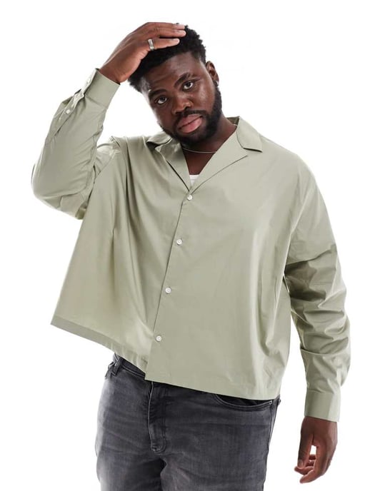 ASOS DESIGN boxy oversized poplin-skjorta med djup krage i ljusgrön - Image 2