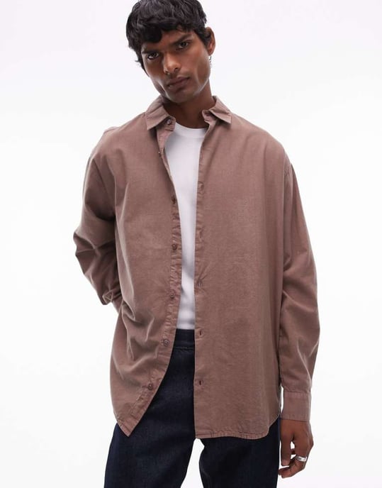 Topman långärmad oversize skjorta i tvättad brun - Image 1