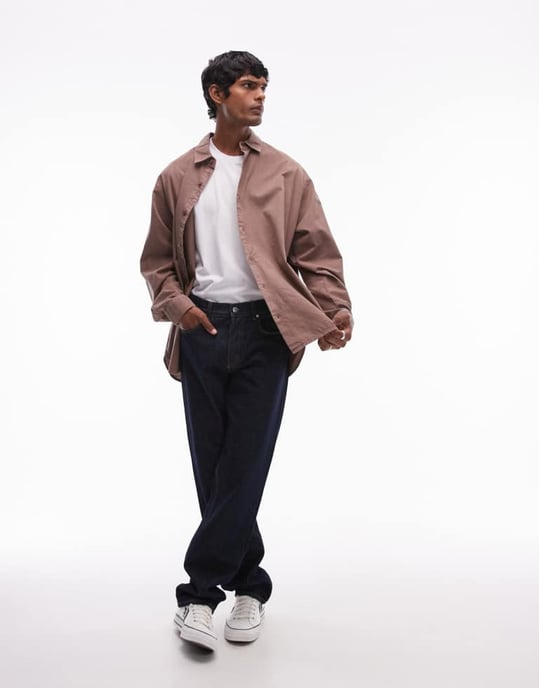 Topman långärmad oversize skjorta i tvättad brun - Image 2
