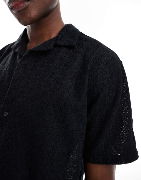 Abercrombie & Fitch kortärmad cropped oversized spetsblus i svart - Image 3